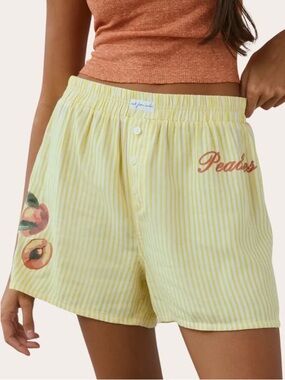 Out From Under Yellow Striped/Peach Print Cotton Boxer Lounge Shorts